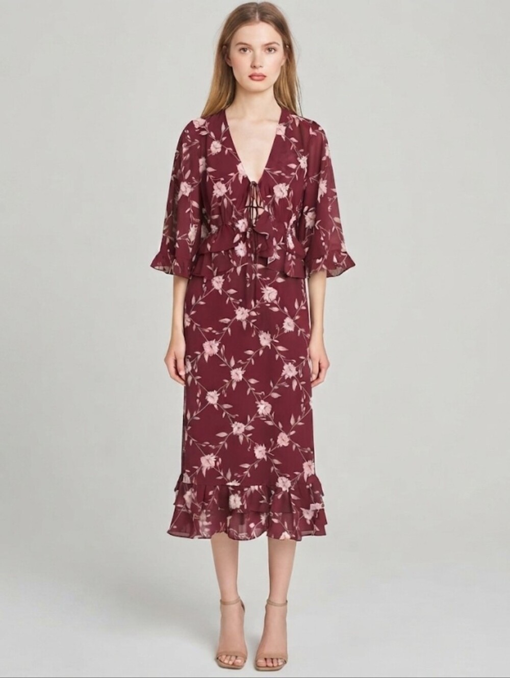 WAYF NEW Floral Ojai Midi Dress Ruffles S Boho Plunge Neck Ties 3/4 Sleeve Wine